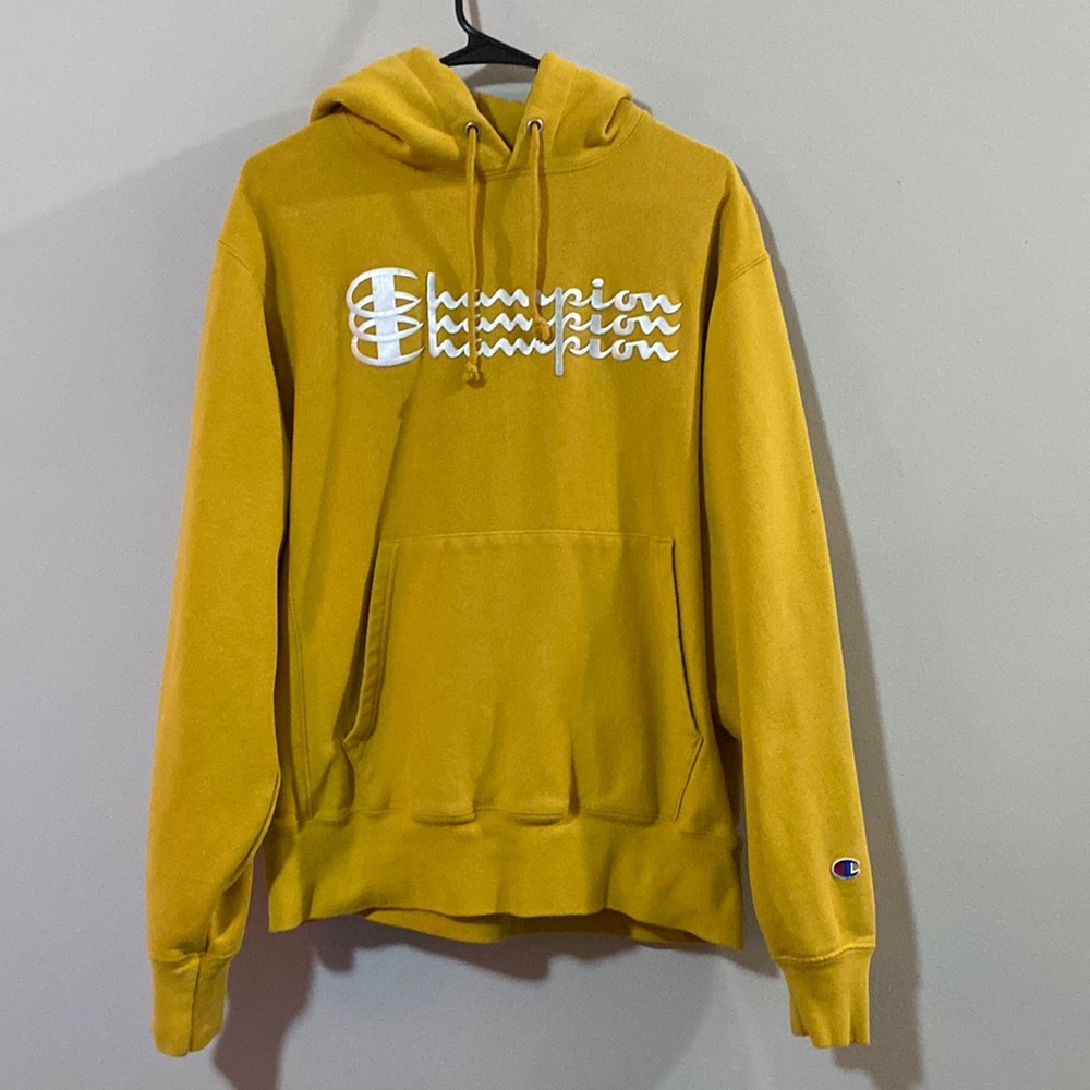 Champion Reverse Weave Hoodie Sweatshirt Graphic Logo, Yellow Size M